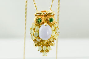 K18 ペンダントトップ　フクロウ　ラベンダーヒスイ　クリソベリルキャッツアイ　グリーンガーネット　ダイヤモンド